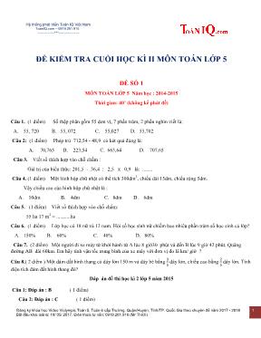 Một số đề kiểm tra học kì II Toán, Tiếng việt lớp 5 - Năm học 2014-2015